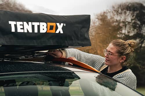 TentBox Lite compactly mounted on a small hatchback